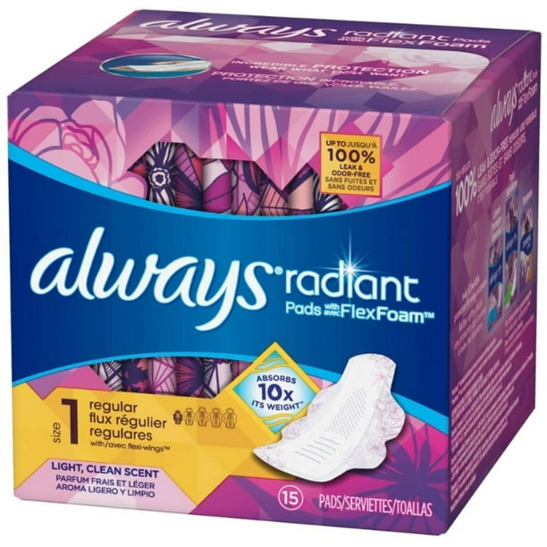 Always Radiant Infinity Pads With Wings Regular Light Clean Scent, 15