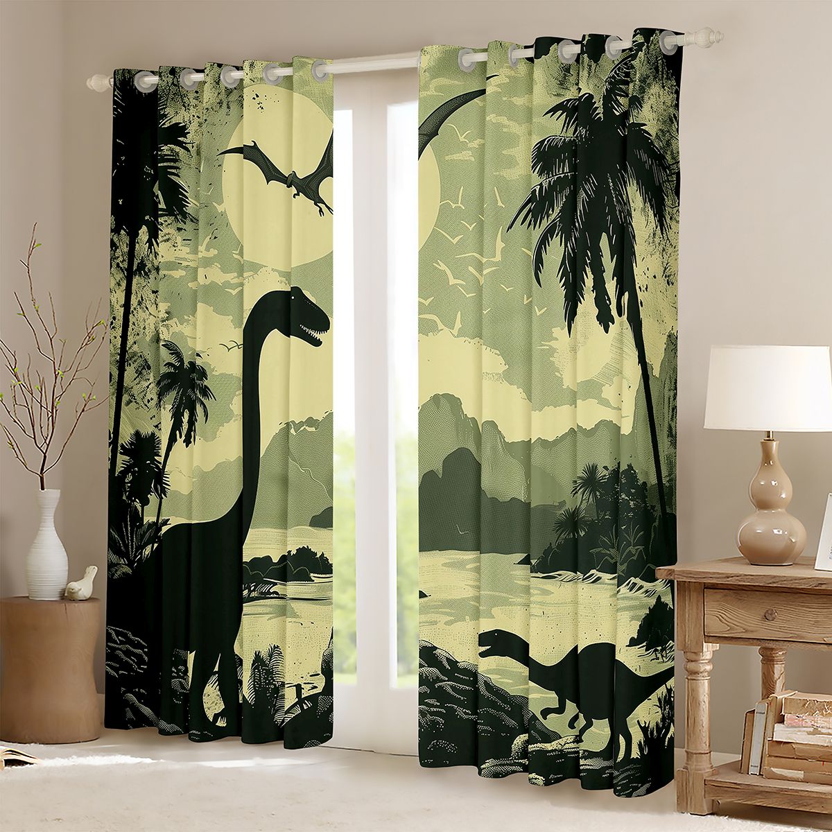 Manfei Retro Animal Dinosaur Blackout Curtains Set of 2 (52x84 Each),Hawaii Sea Beach Window Curtains,Tropical Plant Coconut Tree Curtains and Drapes For Teens,Luxury Bedroom Decor