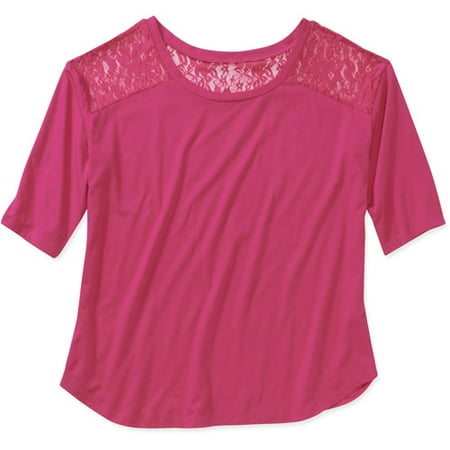 Juniors' Plus Lace Back Scoop 3/4 Sleeve Top