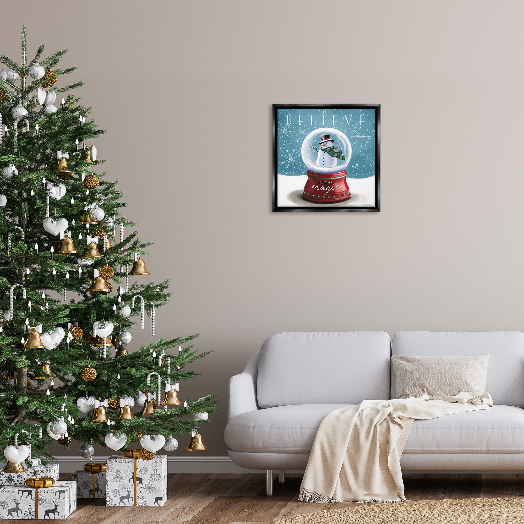 Stupell Industries Believe In Magic Snowglobe Holiday Painting Black Floater Framed Canvas Art Prints Wall Art, 25 x 25
