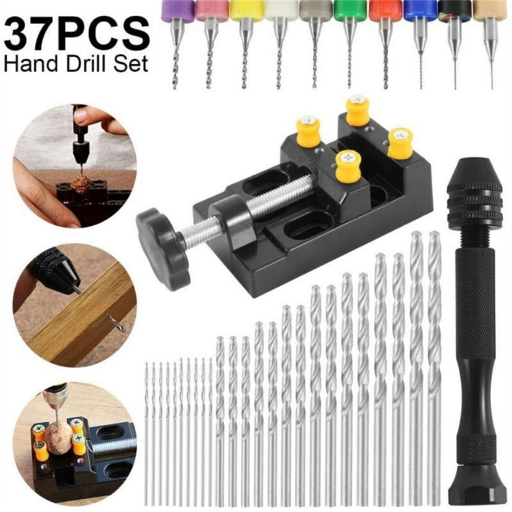 37-Piece Hand Drill Tool Set With Pin Vise Hand Drill Mini Twist Drill Bits Bench Vice For DIY Jewelry Making Craft Carving (0.3-1.2 MM)