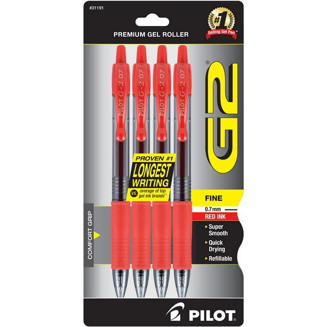 Bolígrafos de gel PILOT G2 punta fina tinta roja, paquete de 4
