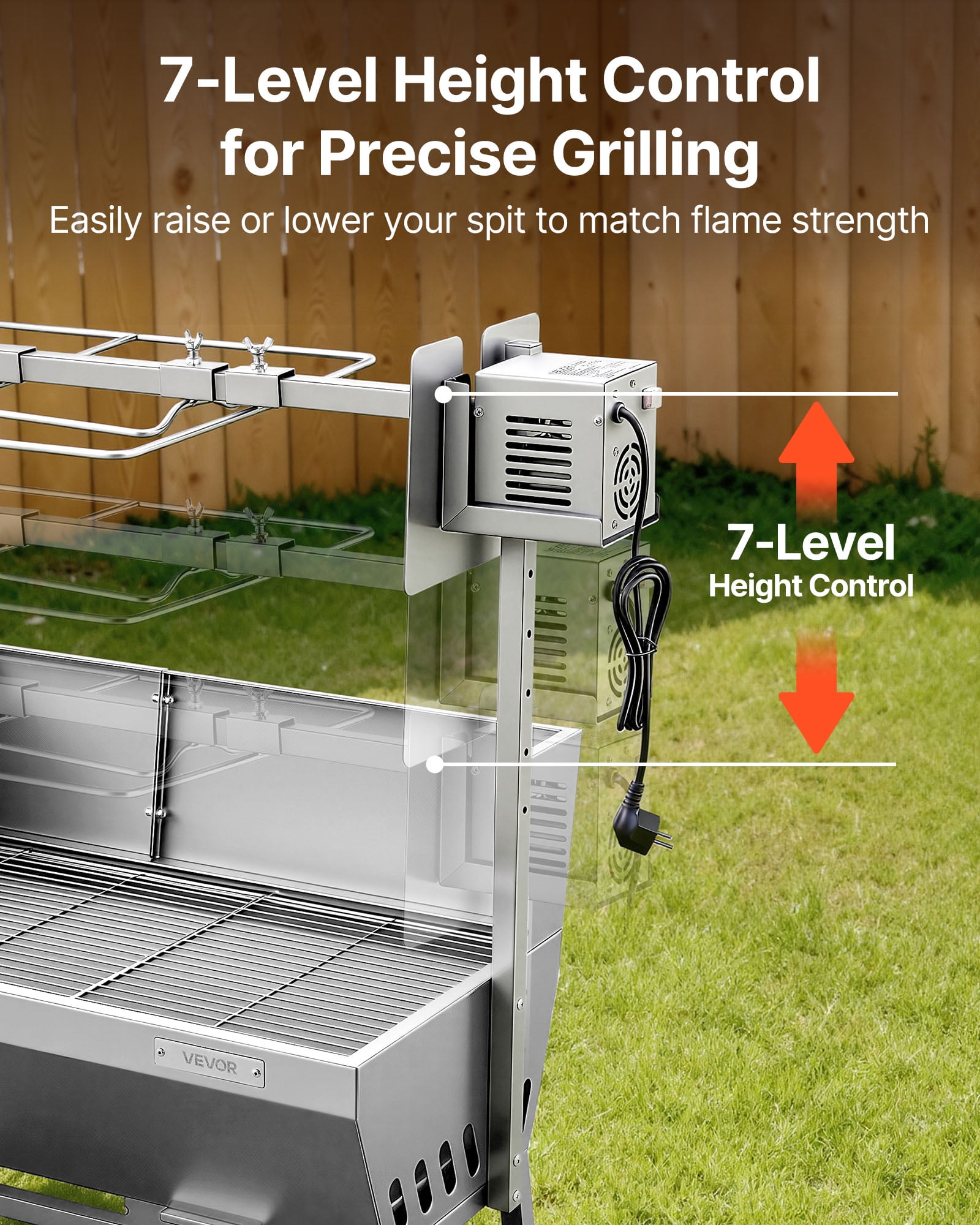 VEVOR Rotisserie Grill, 38W BBQ Outdoor Pig & Lamb Spit Roaster, Charcoal Spit Roaster with 132 LBS Load Capacity & 7-Level Height, Stainless Steel Electric Rotisserie Grill Kit for Camping Outdoor
