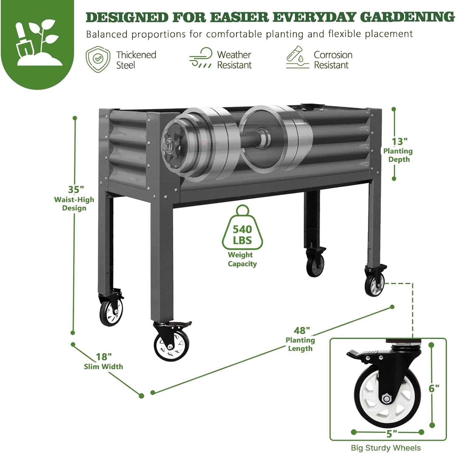 A ANLEOLIFE Elevated Raised Garden Bed with Lockable Wheels, 48x18x35 in Galvanized Steel Planter Box with Legs, Waist-High Design, Reinforced Frame for Balcony, Patio & Porch, Quartz Grey
