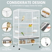 Yaheetech 52H Rolling Metal Bird Cage with 3 Perches & 4 Feeders & Extra Storage Shelf, White