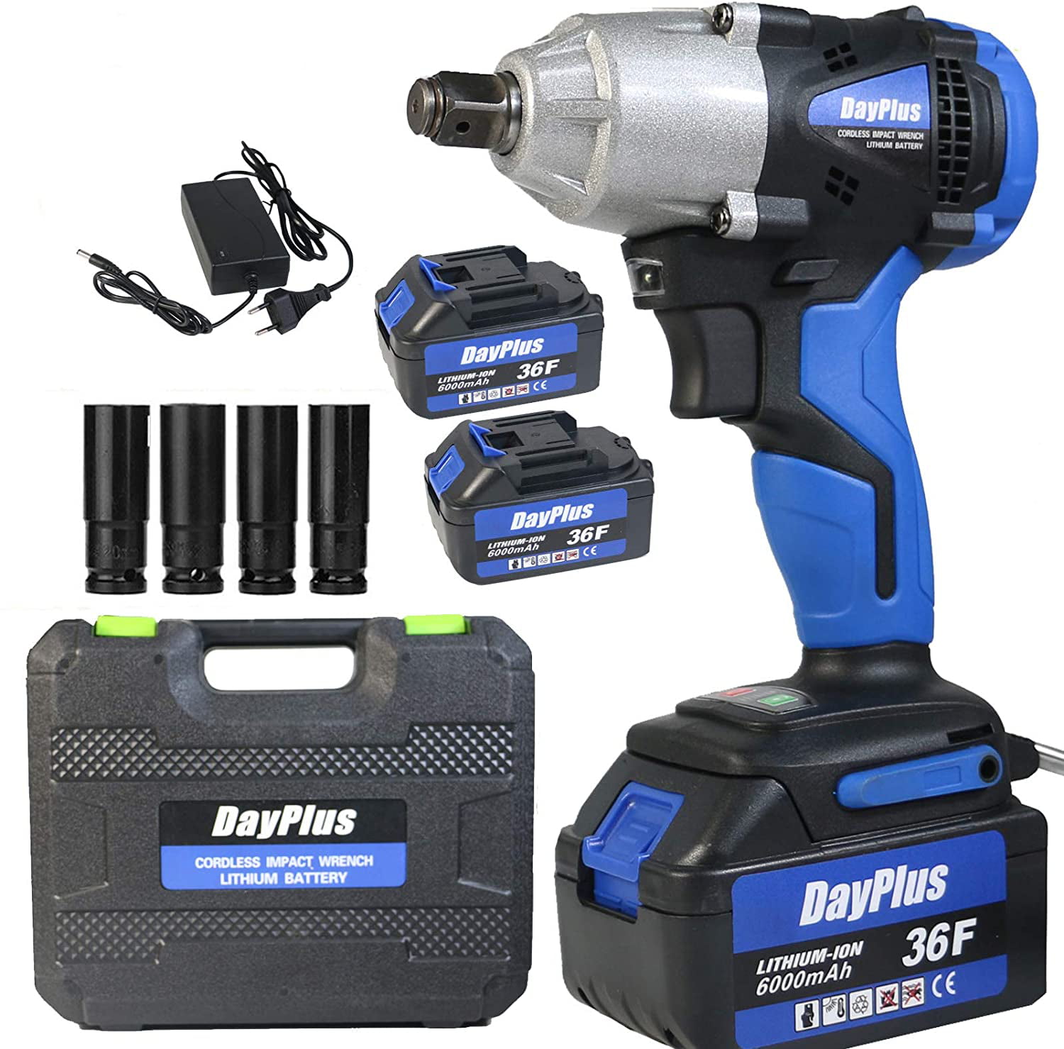 4 Socket 14/17/19/22mm Cordless Electric Impact Wrench 460Nm Max Torque 18V 1/2 inch Square Drive with LED Workd Light 6000 mAh Li-Ion Battery Carry Case + Charger