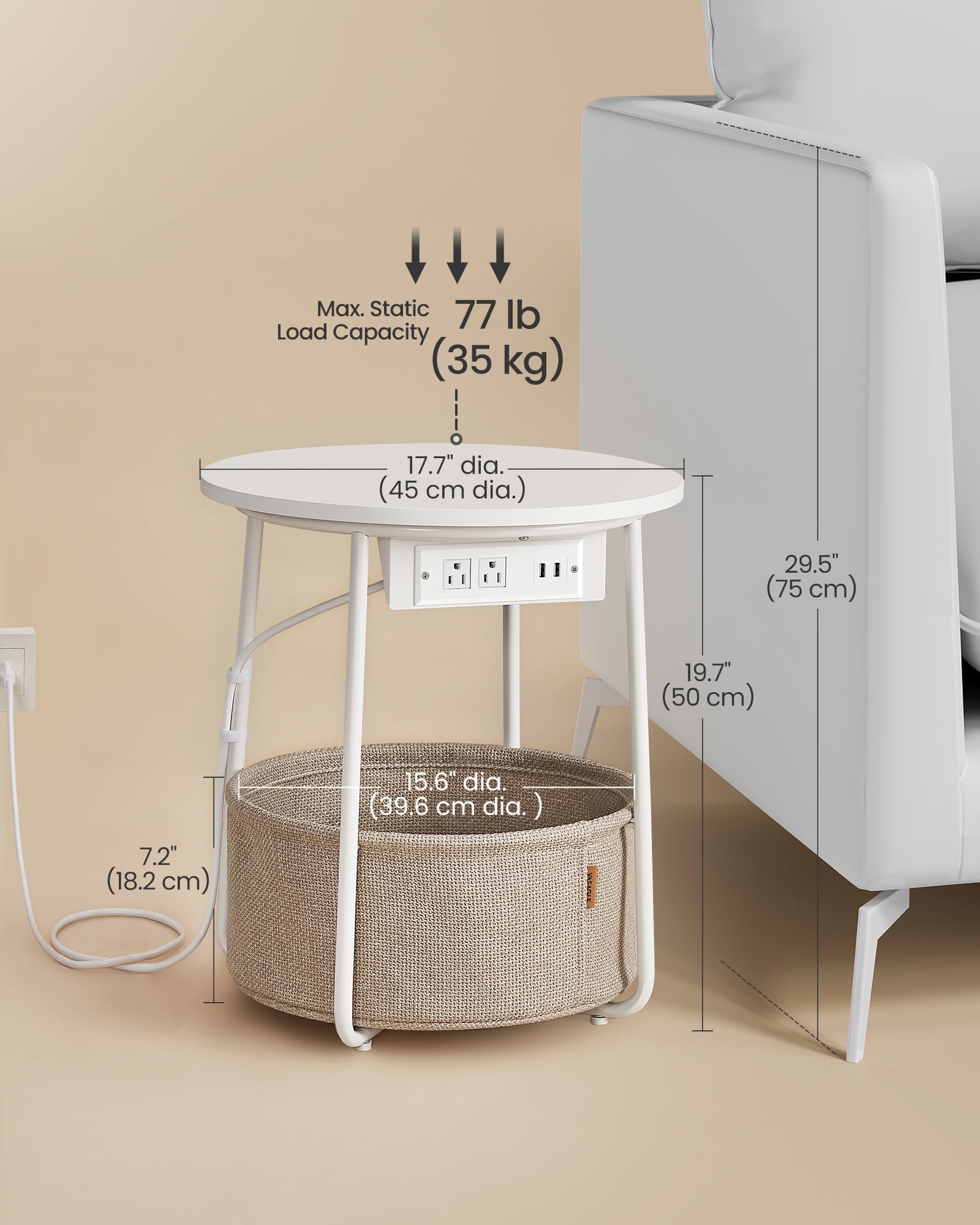 VASAGLE LILEA Collection - Side Table with Charging Station, Round End Table with Fabric Basket, Nightstand with USB Ports, for Living Room, Bedroom, Modern, Matte White and Camel Brown