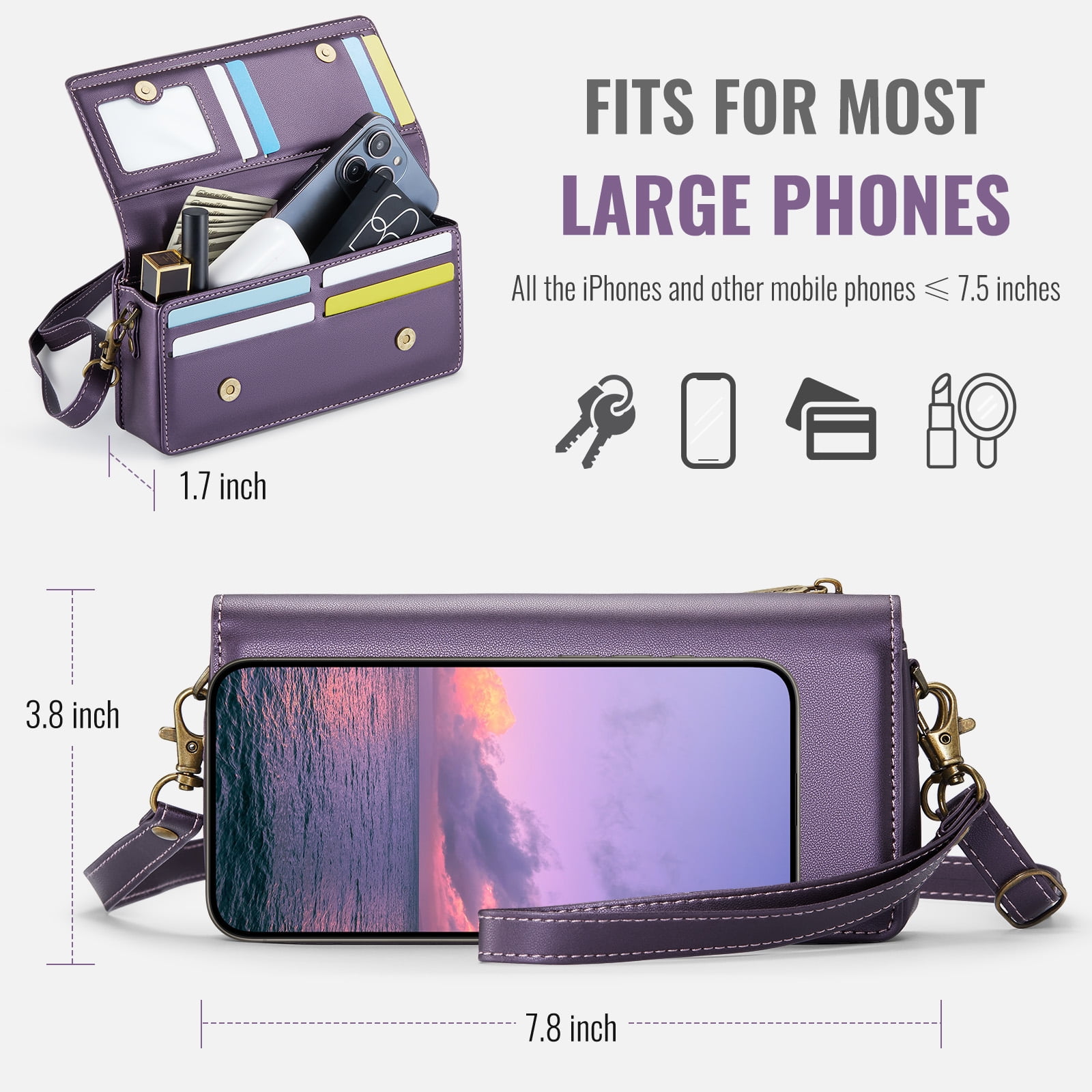 Fashion Small Crossbody Bag for Women,Cell Phone Purse Women's Shoulder Handbags Wallet Purse with RFID Blocking Credit Card Slots Zip Small Crossbody Bag Wrist strap/Shoulder strap - Purple