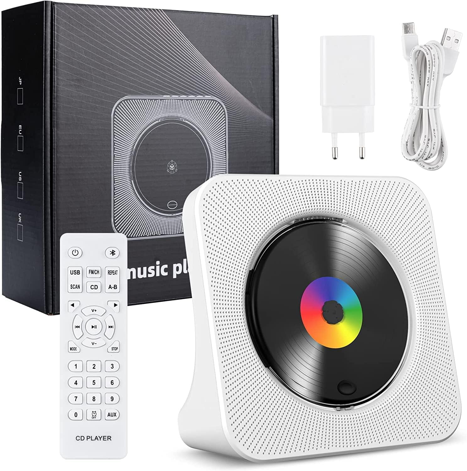 Qoosea Portable CD Player Bluetooth Desktop CD Players for Home with Timer Built-in HiFi Speakers with LCD Screen Display FM Radio USB Type-c White