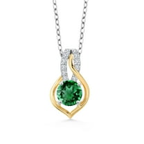 Gem Stone King 925 Silver and 10K Yellow Gold Green Nano Emerald and White Lab Grown Diamond Pendant Necklace for Women (0.88 Cttw, with 18 inch Chain)