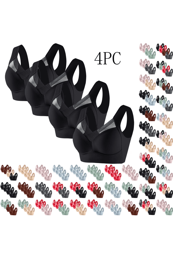 4PC No Underwire Bras for Women Solid Thin Mesh Sport Bra Plus Size Push Up Pullover Bras Everyday Underwear, Khaki, XL