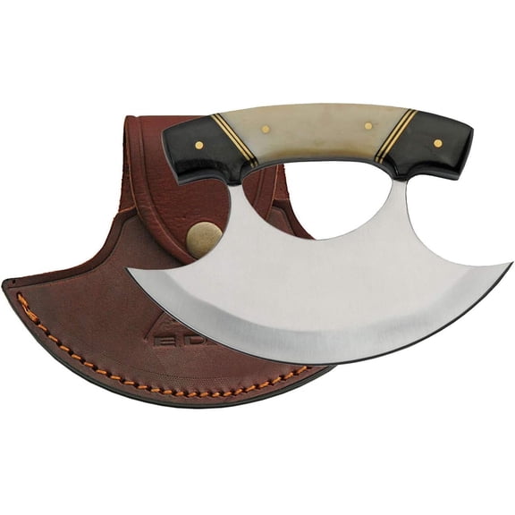 SZCO Alaskan Ulu Kitchen Knife, 5.5-Inch Steel Blade with Bone & Horn Handle, Curved Cutting Tool for Food Preparation