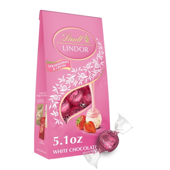 Lindt LINDOR Strawberries and Cream White Chocolate Candy Truffles, White Chocolate with Strawberries and Cream White Truffle Filling, 5.1 oz. Bag