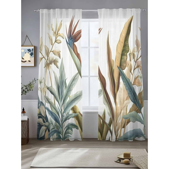 Yellow Green Leaves Sheer Curtains for Living Room Bedroom Watercolor Botanical Rustic Sheer Curtains 84 Inch Long 2 Panels Set Light Filtering Curtain Window Treatments Drapes for Dining Room