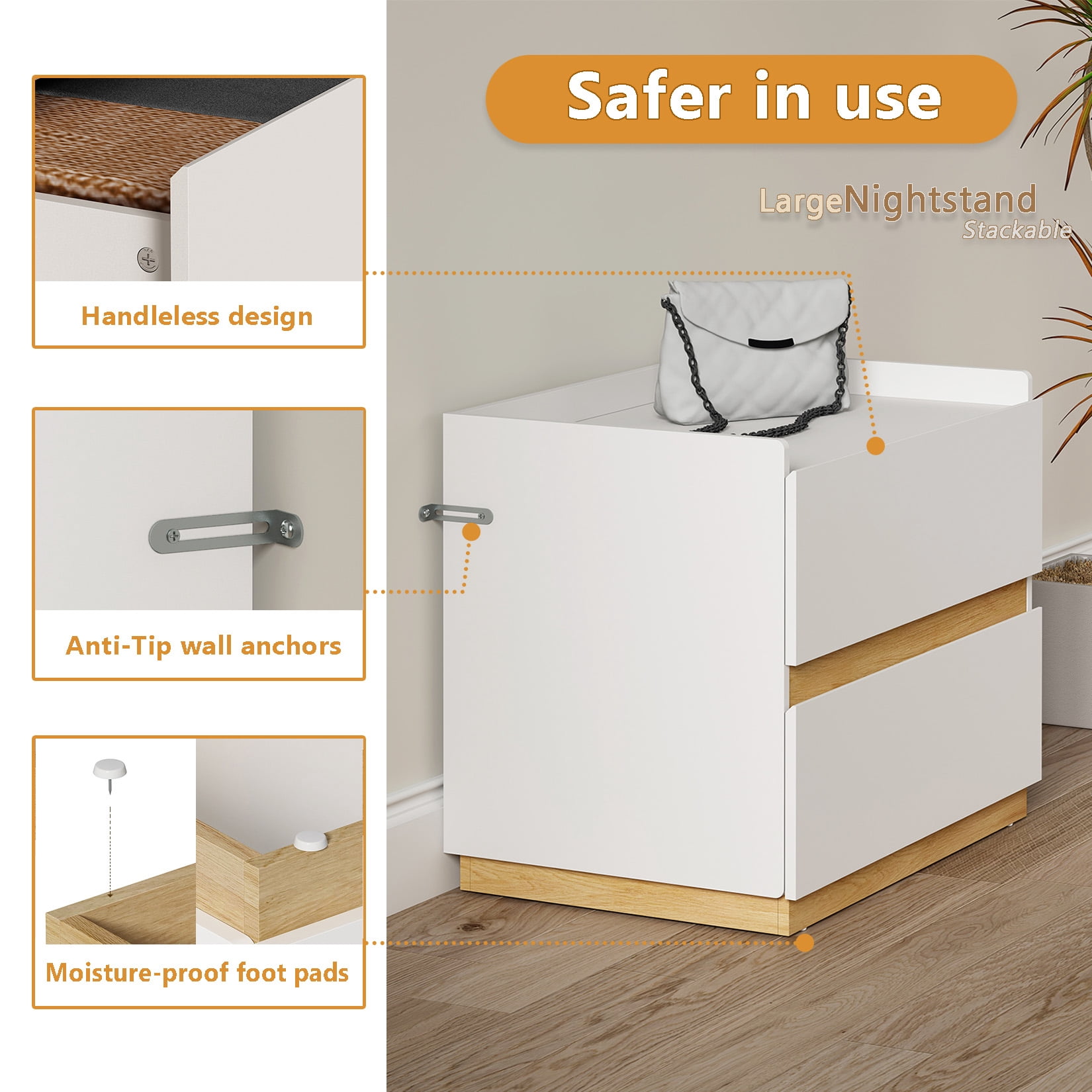 H&3L White Nightstand ，Modern large Bedside Table， Wood Stackable  2 Drawer dresser for Clothes for Closet，Bedroom,Living Room，16"D x 24"W x 20"H