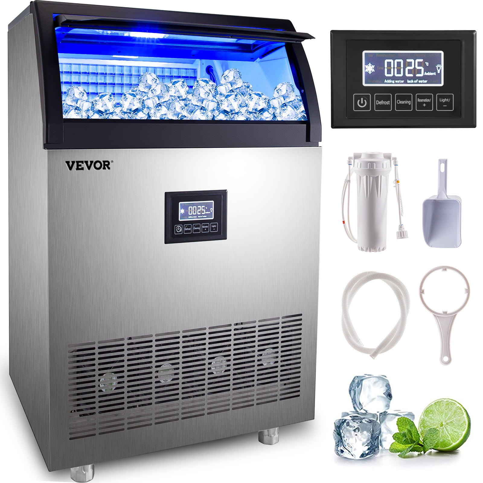 VEVOR Commercial Ice Maker Sup Stainless Steel Portable Automatic Icer Make Machine Built-In Auto Clean for Home Supermarkets 110LBs//24h Button Mode
