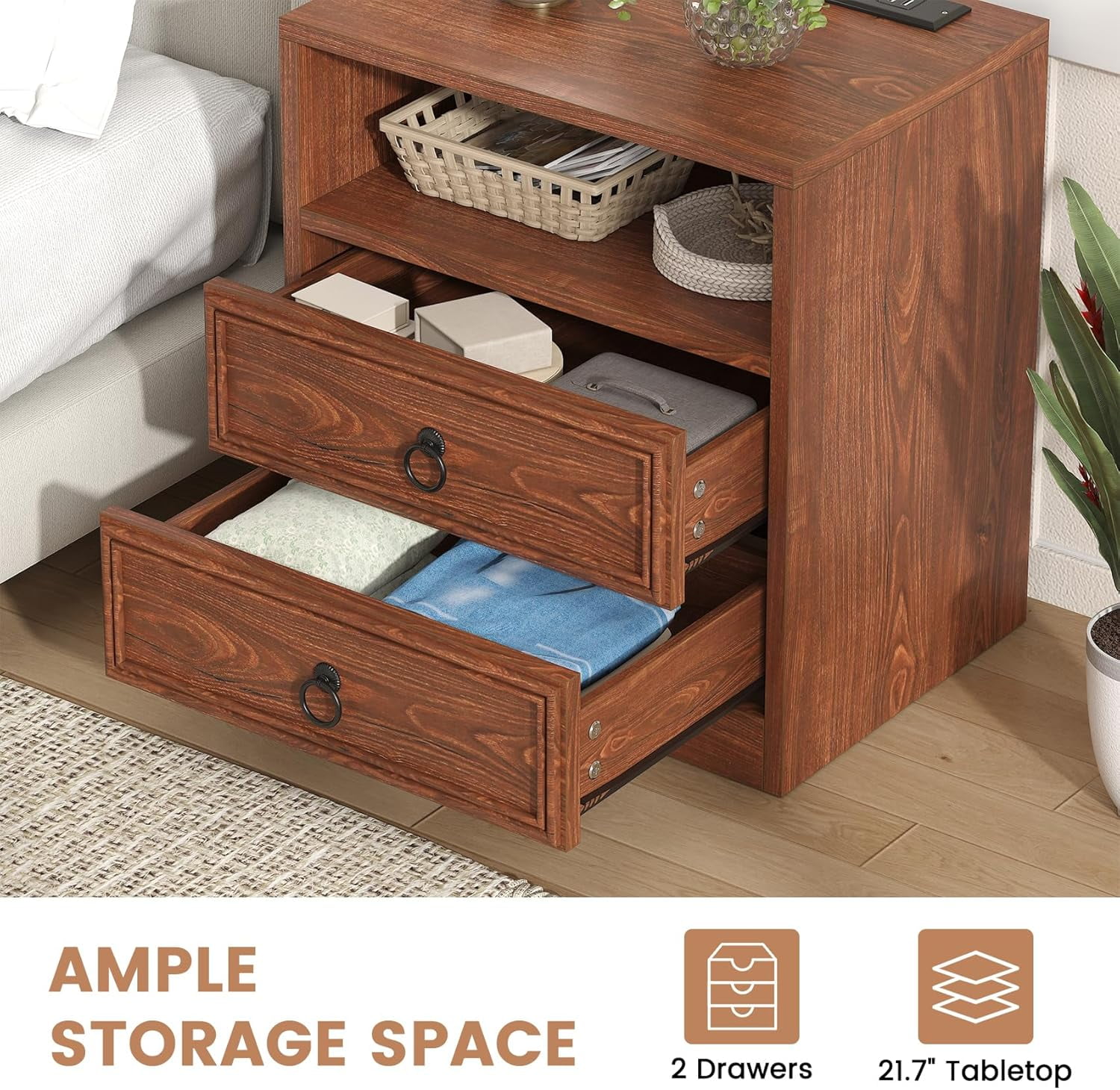 Winkalon 2 Drawers Farmhouse Nightstand with Charging Station, Rustic Bedside Tbale with Drawers for Bedroom, Vintage End Table with Open Shelf for Bedroom Living Room, Cherry