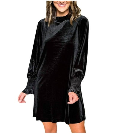 Women s Velvet Cocktail Mini Dresses Fall Winter Mock Neck Long Sleeve A-Line Homecoming Dress Elegant Loose Pleated Party Club Dress