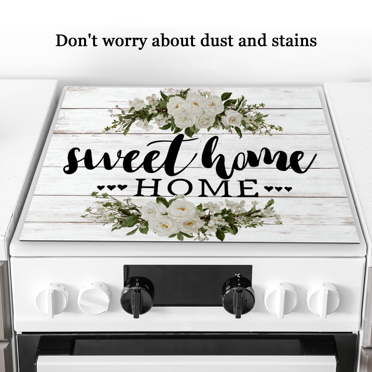 Diatomite Cover for Gas Stove Top, White Flowers Sweet Home Print Heat Resistant Stove Burner Covers, Glass Induction Cooktop Protector Mat for Kitchen RV (28×20 Inch)
