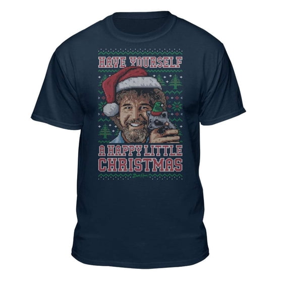 Teelocity Bob Ross Happy Christmas Sweater Graphic T-Shirt (Small - Standard Fit, Navy)