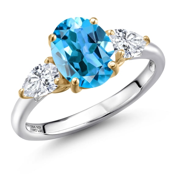 Gem Stone King 925 Silver and 10K Yellow Gold Swiss Blue Topaz and White Moissanite Engagement Ring for Women | 3.05 Cttw | Oval 9X7MM | Gemstone November Birthstone | Size 5