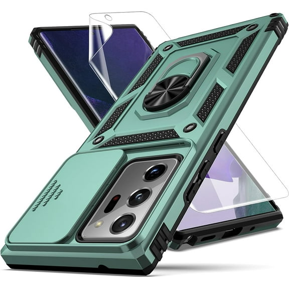for Note 20 Ultra Case,with Camera Lens Cover HD Screen Protector,[Military Grade] Ring Car Mount Kickstand Hybrid Hard PC Soft TPU Shockproof Protective Case for Galaxy Note 20 Ultra, Green