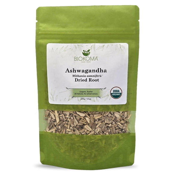 Biokoma Pure and Organic Ashwagandha Dried Root 100g (3.55oz) in Resealable Moisture Proof Pouch, USDA Certified Organic - Herbal Tea, No Additives, No Preservatives, No GMO, Kosher