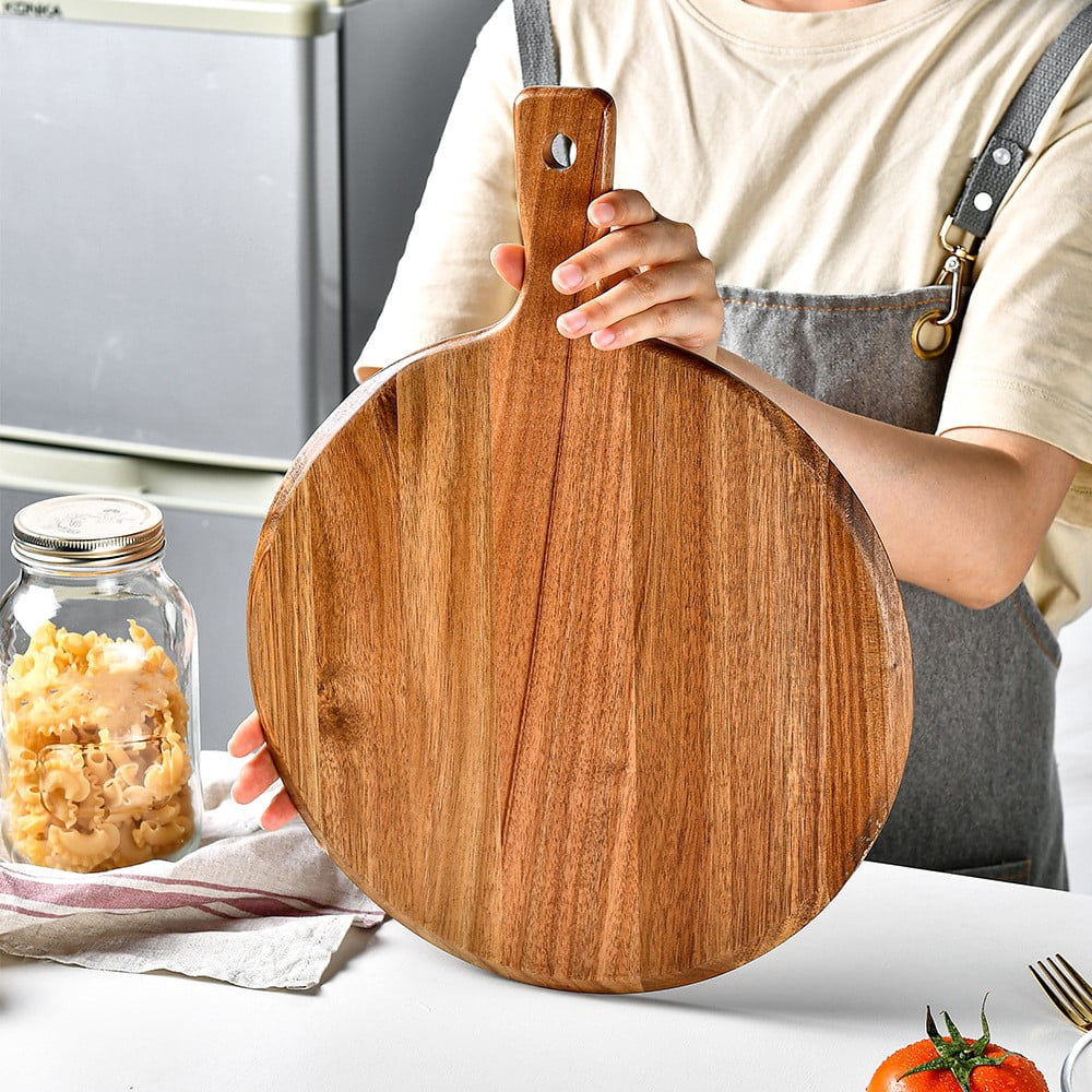 Wood Pizza Peel Round Pizza Serving Board with Handle, Multipurpose Cutting Board for Bread Cheese Charcuterie, Ergonomic Hanging Hole Food-Safe Wooden Board for Kitchen and Table Serving