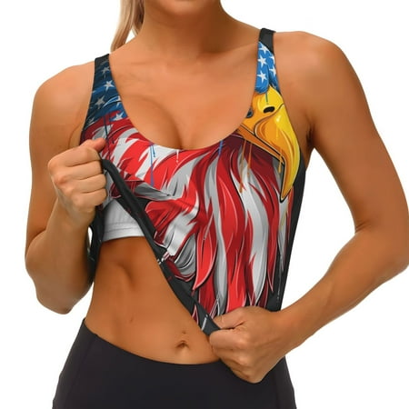 Qokaie Eagle Head With American Flag Pattern Womens Scoop Neck Sports Bra Breathable Workout Vest Padded U Back Medium Impact Fitness Gym Yoga Bra Workout Crop Top
