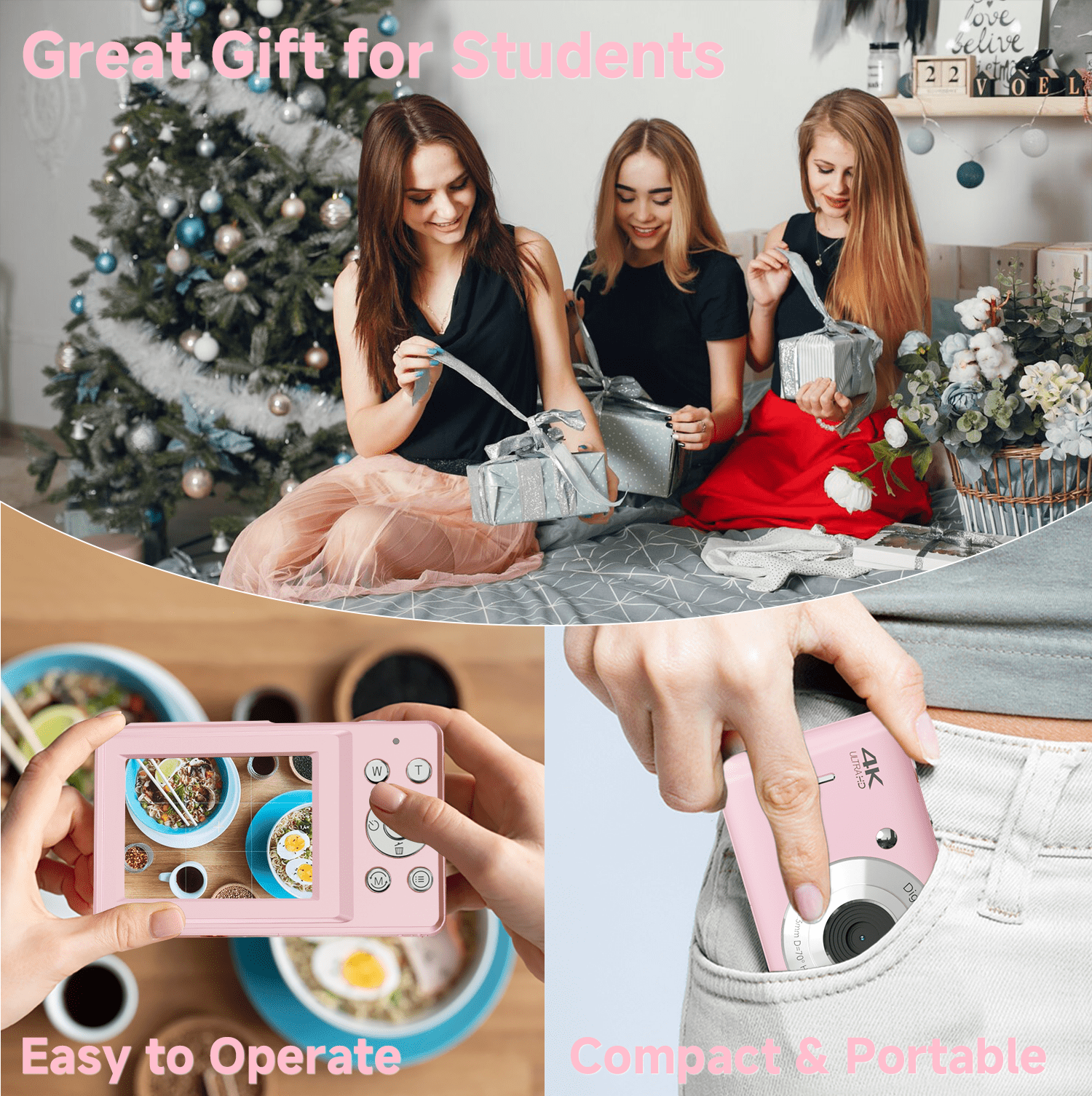 KEEPBERRY fhd Point and Shoot Digital Camera for Kids with , smile Capture, 20 Filters, Built-in Flash & USB-C Cable (Pink)