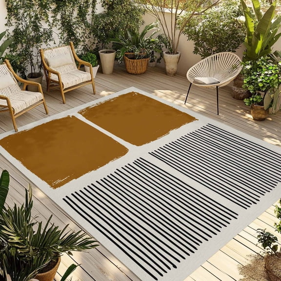 Brown Outdoor Rug for Patio/Deck/Porch, Non-Slip Large Area Rug 6 x 9 Ft, Modern Painting Farmhouse Striped Abstract Art Indoor Outdoor Rugs Washable Area Rugs, Reversible Camping Rug Carpet Runner
