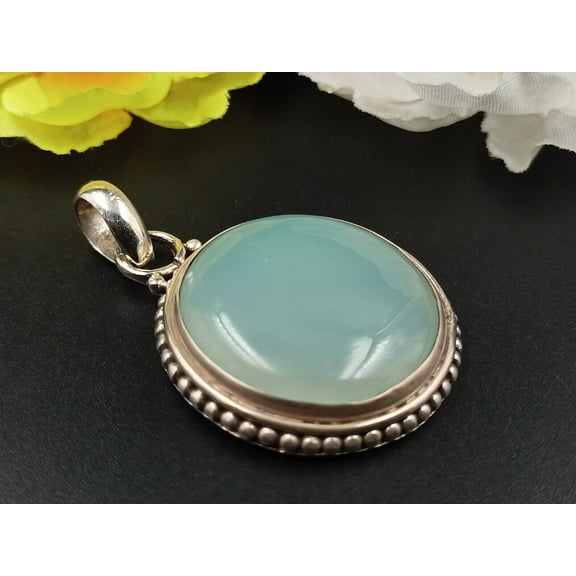 Natural Blue Chalcedony 925 Sterling Silver Gemstone Pendant