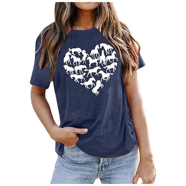 TSADFHJI Hauts pour Femmes Élégants Rouges Imprimé d'Été Confortable et à la Mode Haut en Coton Coloré T-Shirt à Manches Courtes G Marine