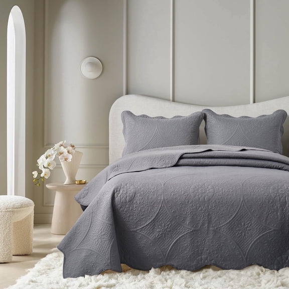 Moonlight20015 3 Piece Quilt Set Lightweight Microfiber Bedspread Modern Floral Embossing Gray Queen