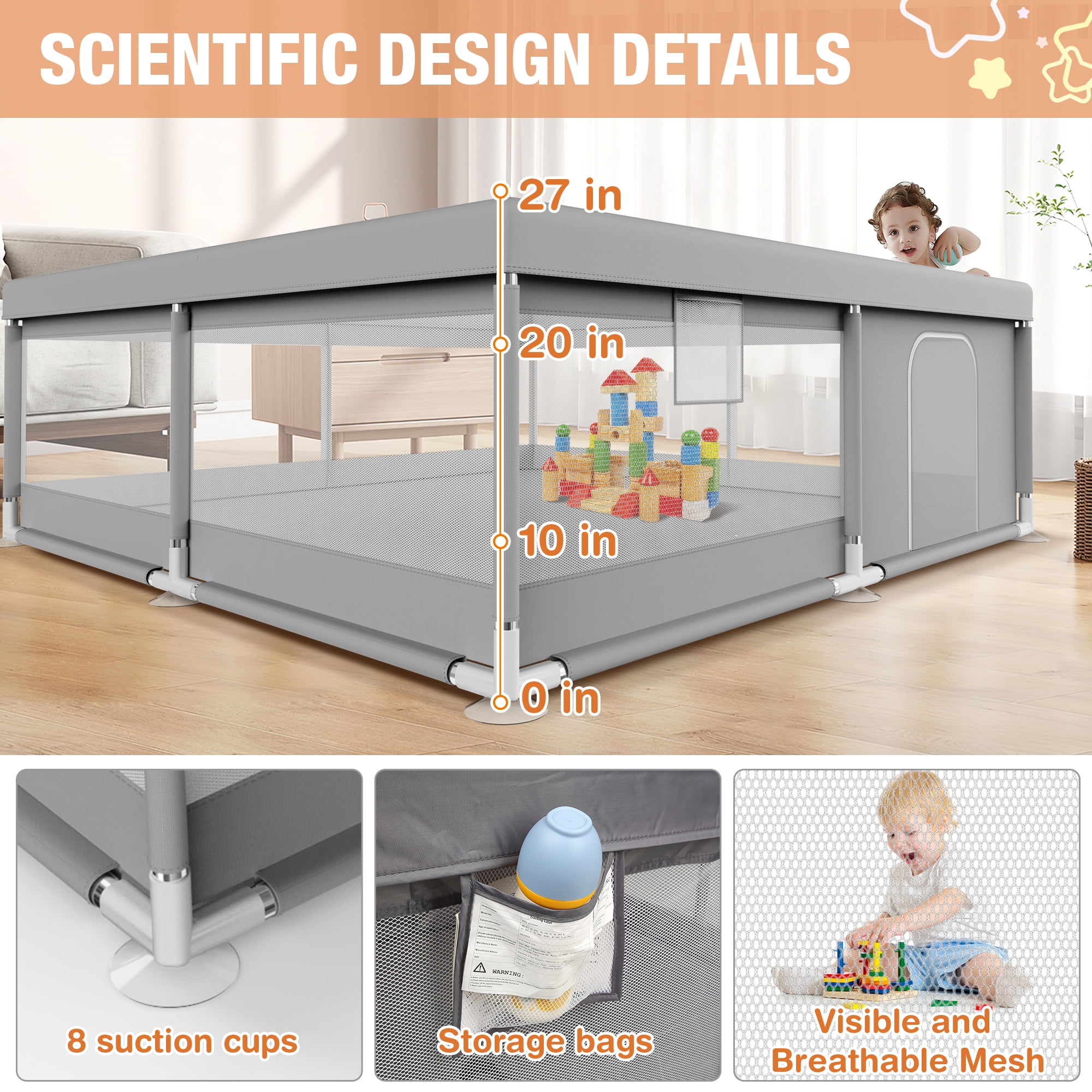 Babyeap Baby Playpen With Mat, Large Play Yard Fence for Toddlers, 50"x50" Gray