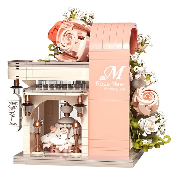 HI-REEKE Architecture Mini Building Block Set Rose Bridal Shop Building Plastic Toy for Adult Pink