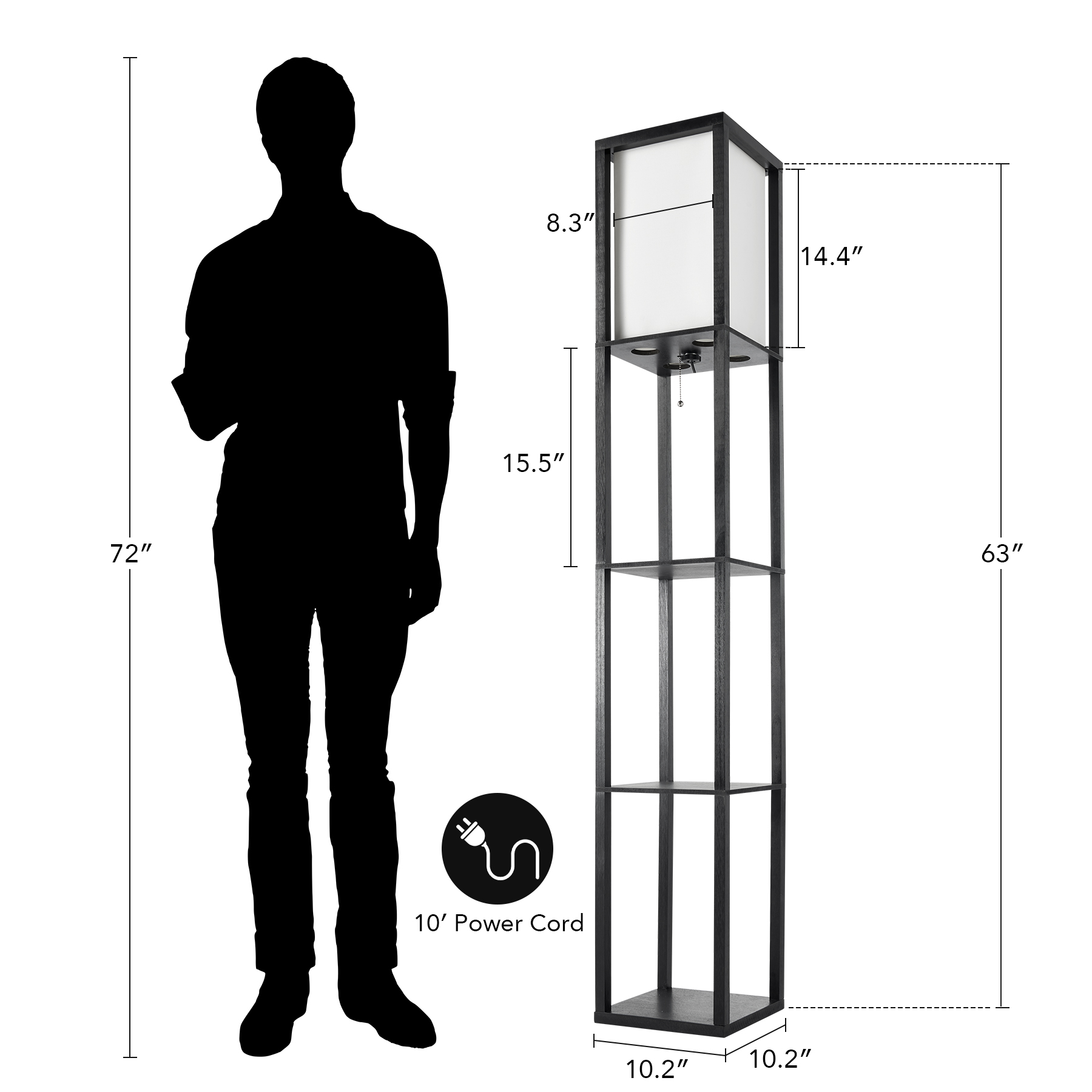 Bestco 63" Standing Lamp with Wood Shelves, 9W LED Light Bulb for Bedroom More, Black