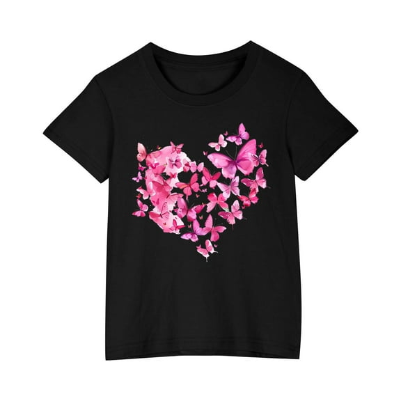 AJTQTH Love Print T-shirts for Kids Girls Boys Summer Cotton Butterfly Pattern Short Sleeve Tops Round Neck Tees Shirts Blouses Black 7 Years