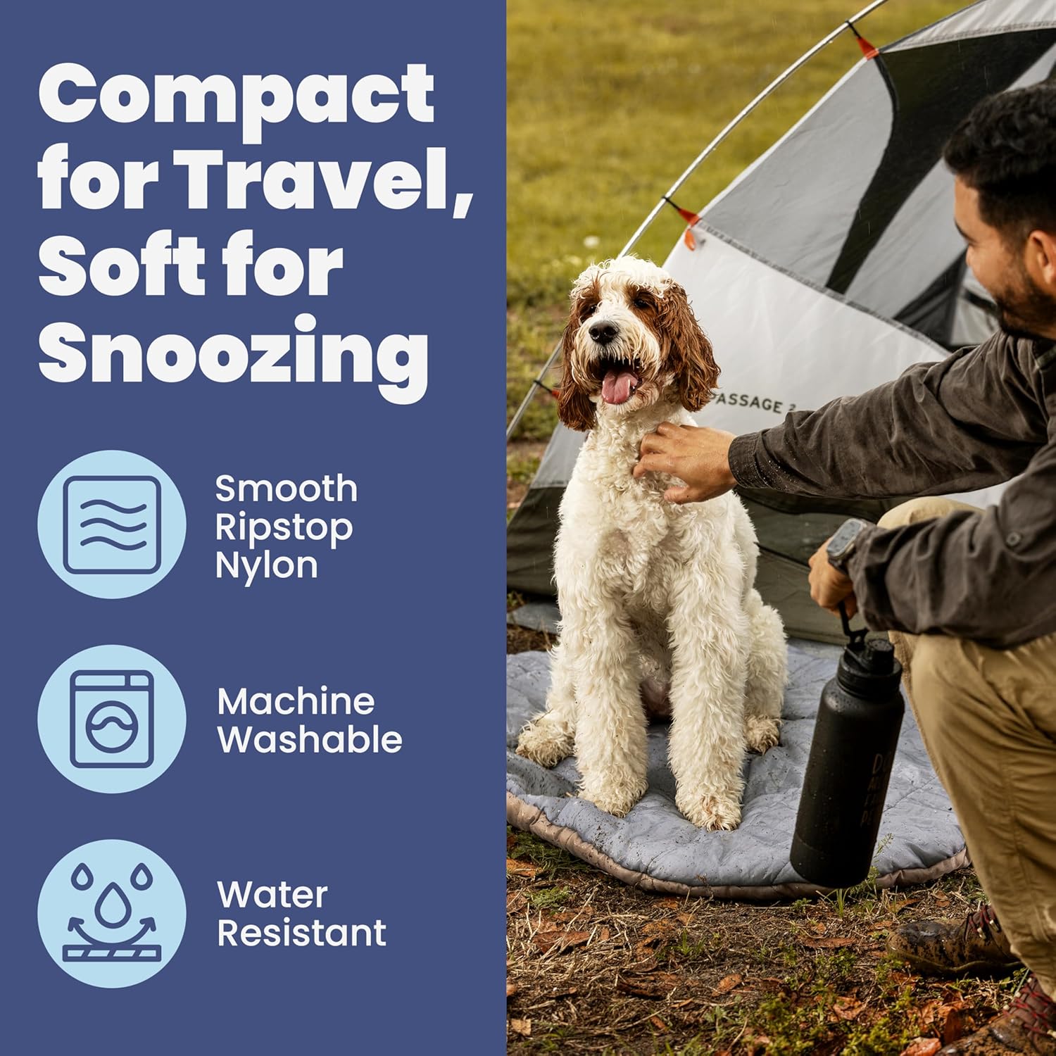 Dog Travel Bed (42" x 30"), Packable Bed for Travel and Road Trips for Medium & Large Breeds, Machine Washable, Grey