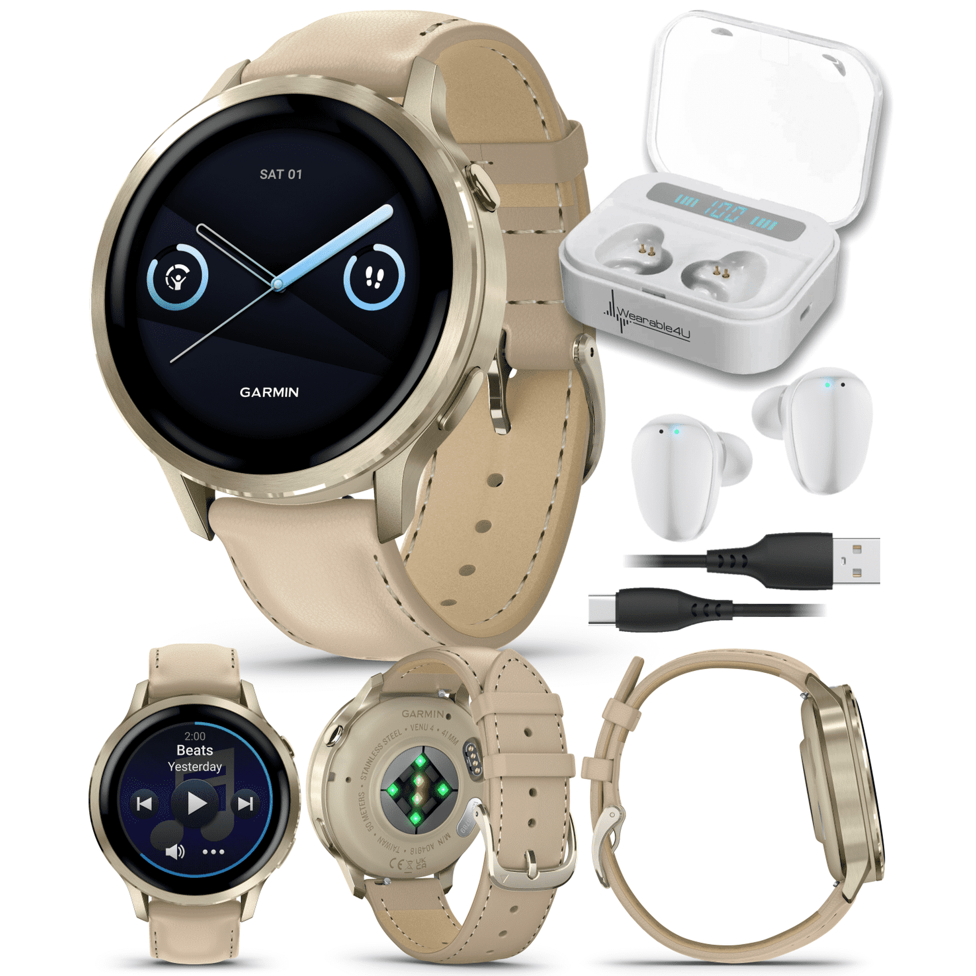 Garmin Venu 4 - 41mm AMOLED Advanced Health & Fitness GPS Smartwatch, Colorful Display, Flashlight Lunar Gold w/Bone Silicone & Light Sand Leather Bands w/Wearable4U White EarBuds Bundle