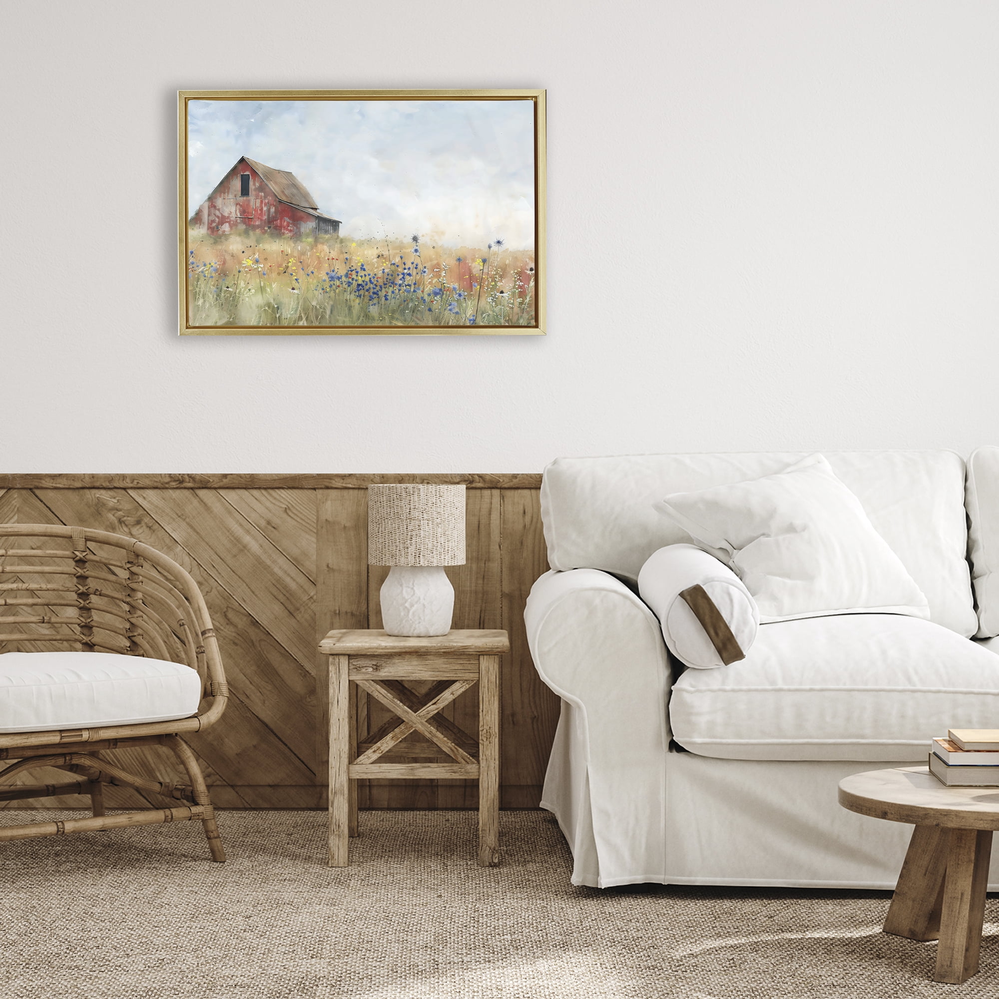 Stupell Industries Rustic Barn in Colorful Meadow Gold Framed Floater Canvas Wall Art, design by Creative Studio