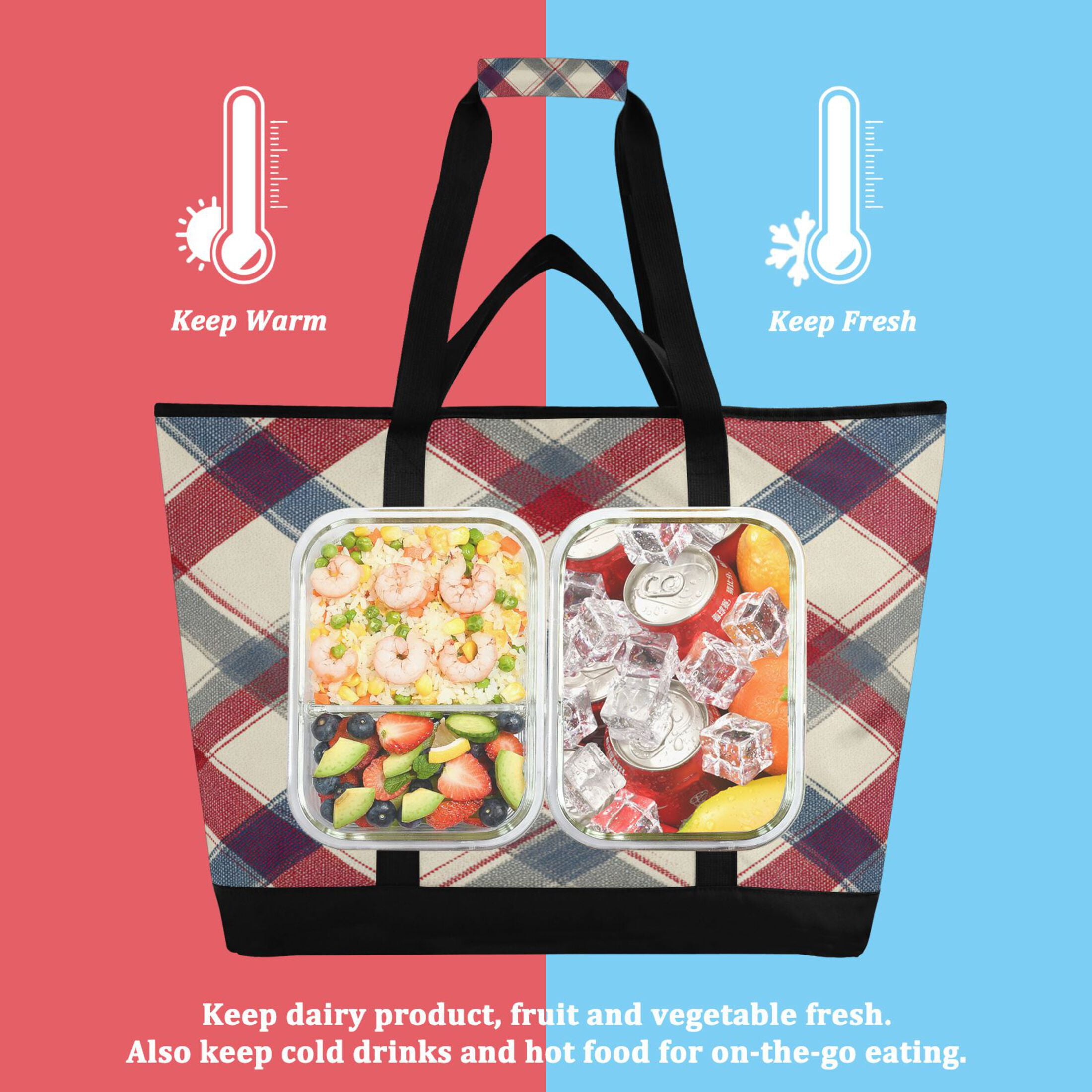 Extra-Large Wide Opening Design Capacity Hand-Held Ice Pack Thickened Insulation Layer For Long-Lasting Cold Retention For Outdoor Shopping Picnics And Camping Red-blue Diagonal Lines
