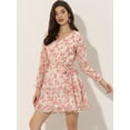 thumbnail image 3 of Vestido floral con cuello en V y manga larga con lazo en la cintura y dobladillo con volantes en capas Rosa Rosada M, 3 of 5