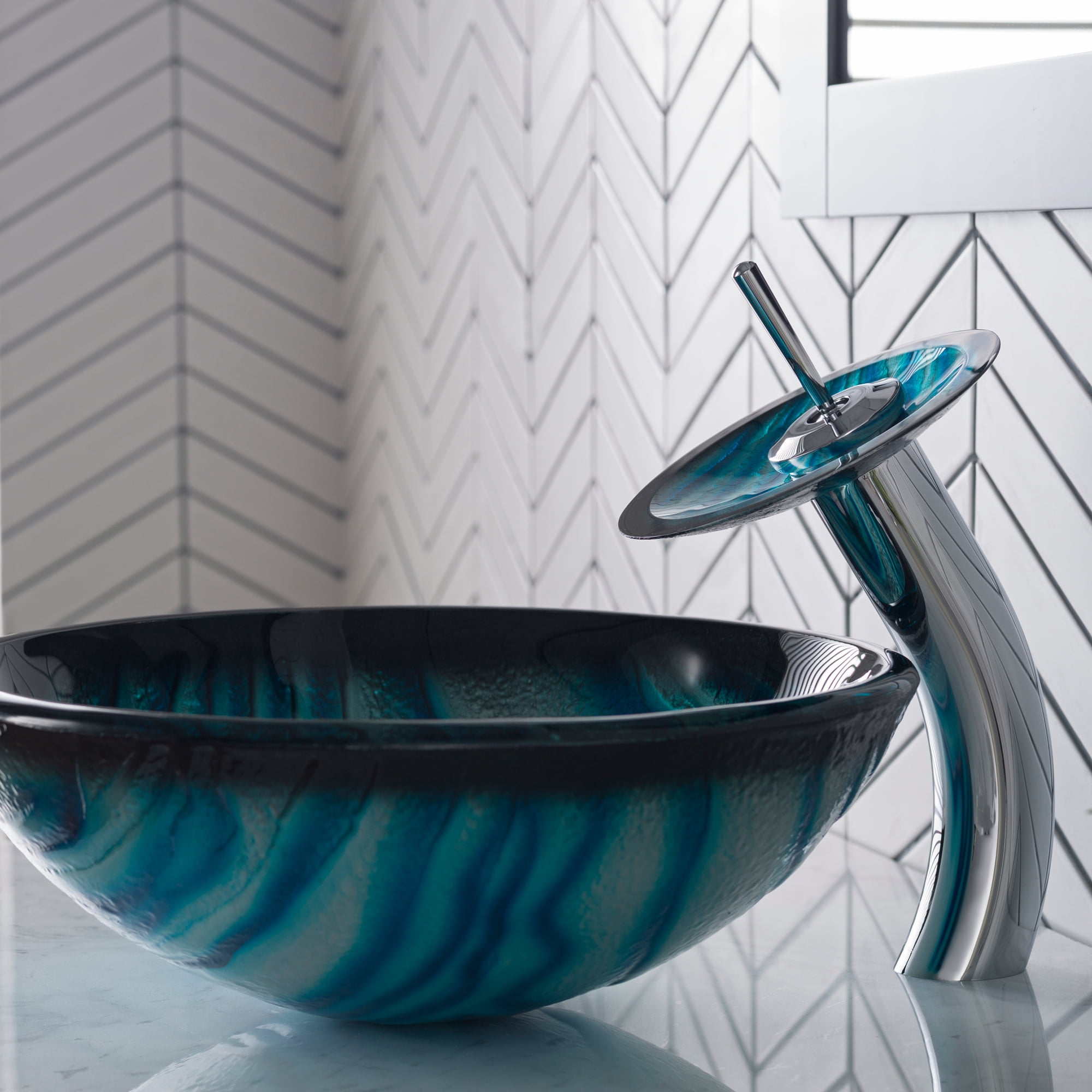 KRAUS Nature Series Blue Glass Bathroom Vessel Sink and Waterfall Faucet Combo Set with Matching Disk and Pop-Up Drain, Chrome Finish