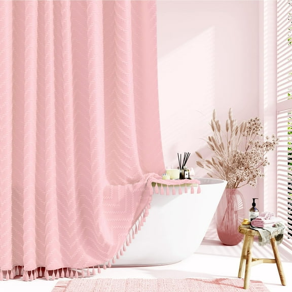 Dynamene Boho Farmhouse Shower Curtain, Pink Fabric Tufted Chevron Striped Textured Tassel Shower Curtains for Bathroom, Water Repellent, Minimalist Ruffled Cloth Shower Curtain Set with Hook, 72x72