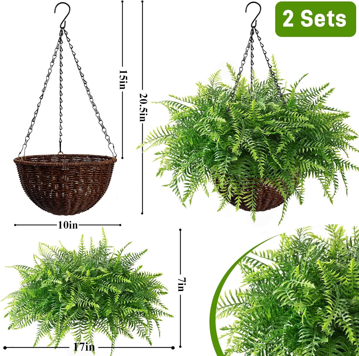 Yastouay Artificial Hanging Ferns Fake Boston Ferns with Basket Outdoor Faux Plants for Home Garden Porch Decor,2 Pcs