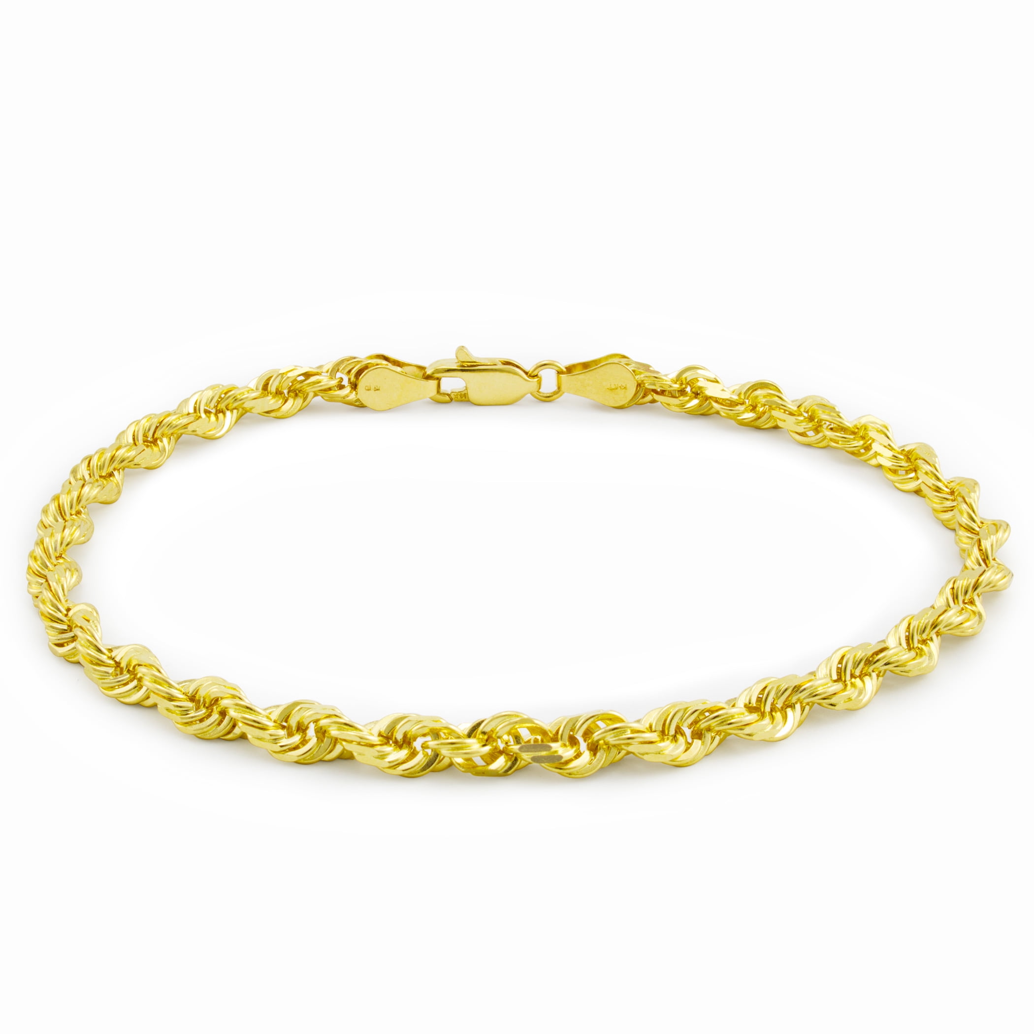 Nuragold 14k Yellow Gold 4mm Rope Chain Diamond Cut Bracelet, Mens 