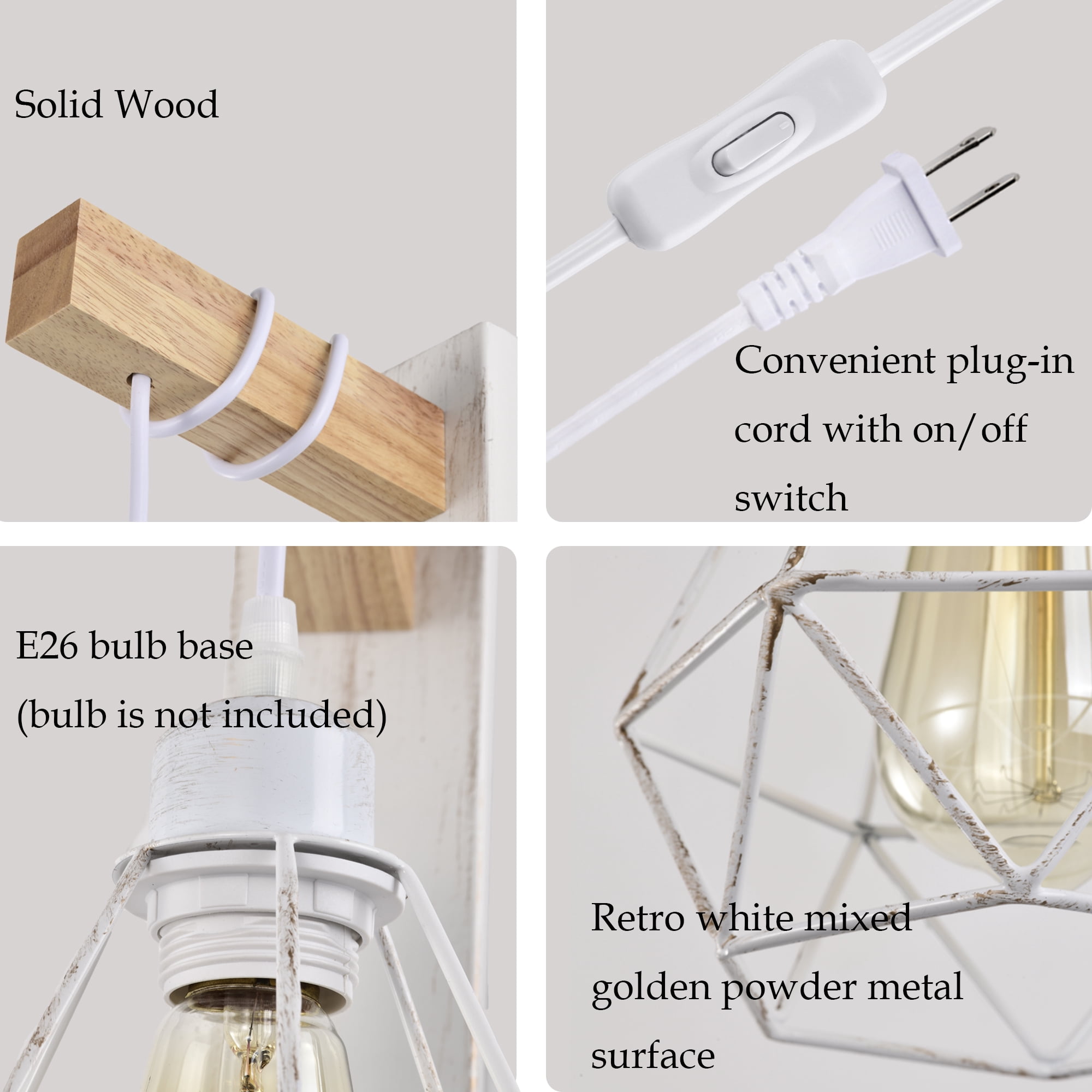 Farmhouse Plug In Wall Sconces Set of 2, Wood White Metal Cage Wall Lights with On/Off Switch for Bedroom Living Room