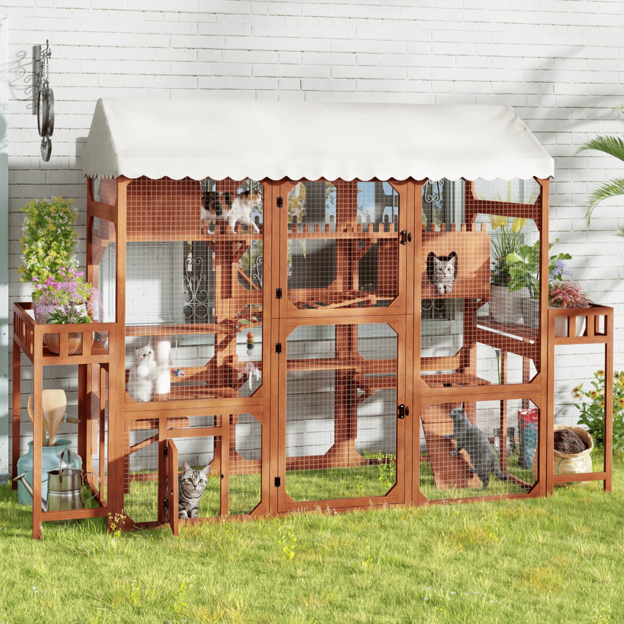 Large Outdoor Catio for Cats – Wooden Multi-Level Playpen with Wire Mesh, Climbing Ramps, Resting Box & Plant Stands,Brown