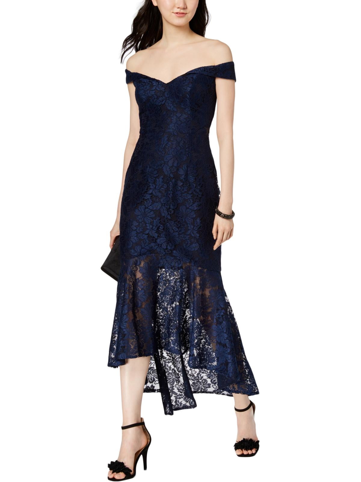 xscape off the shoulder midi dress